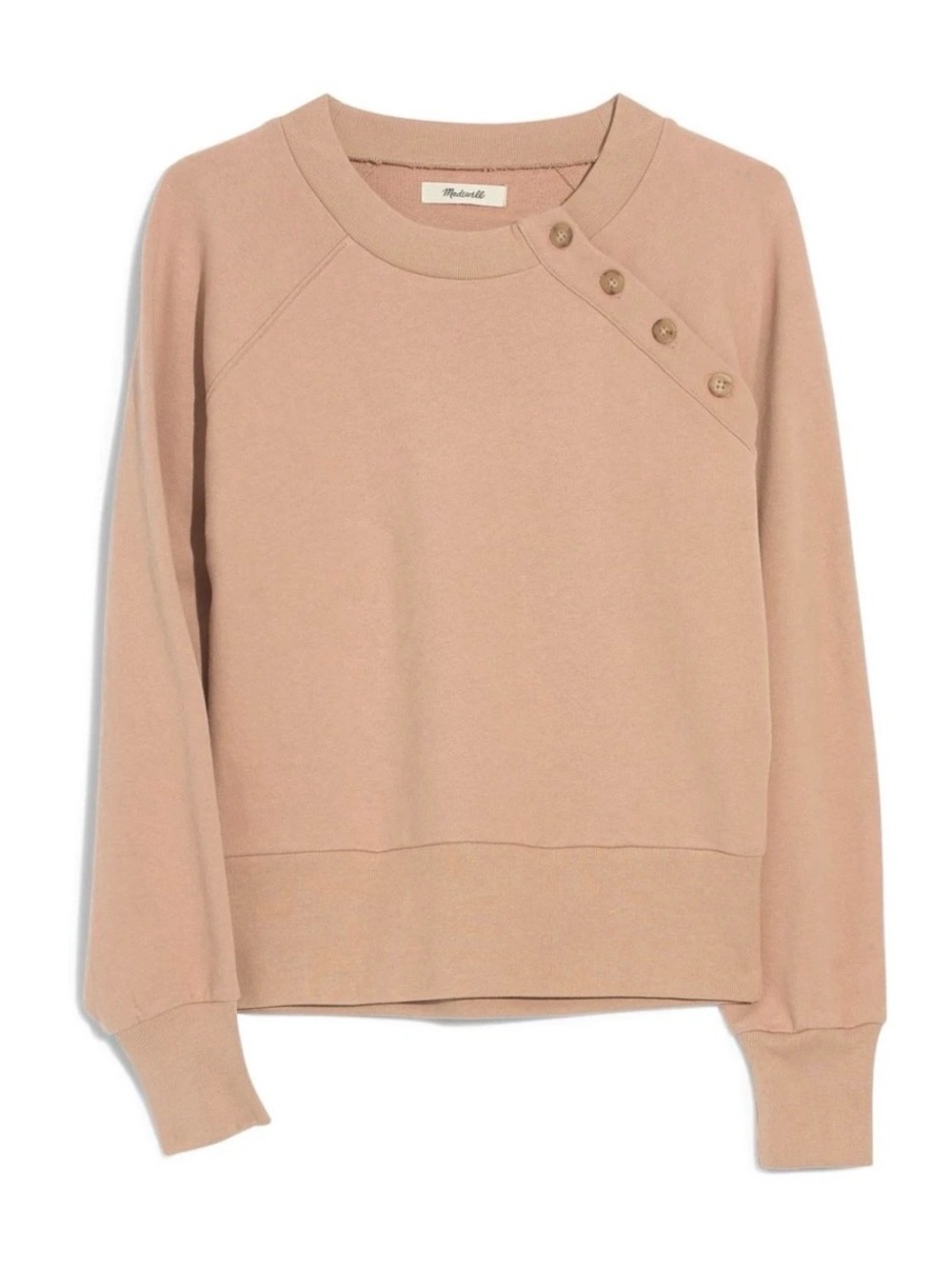 Madewell Ribbed Knit Crewneck Sweater Sandstone Tan Long Sleeve Button Detail M